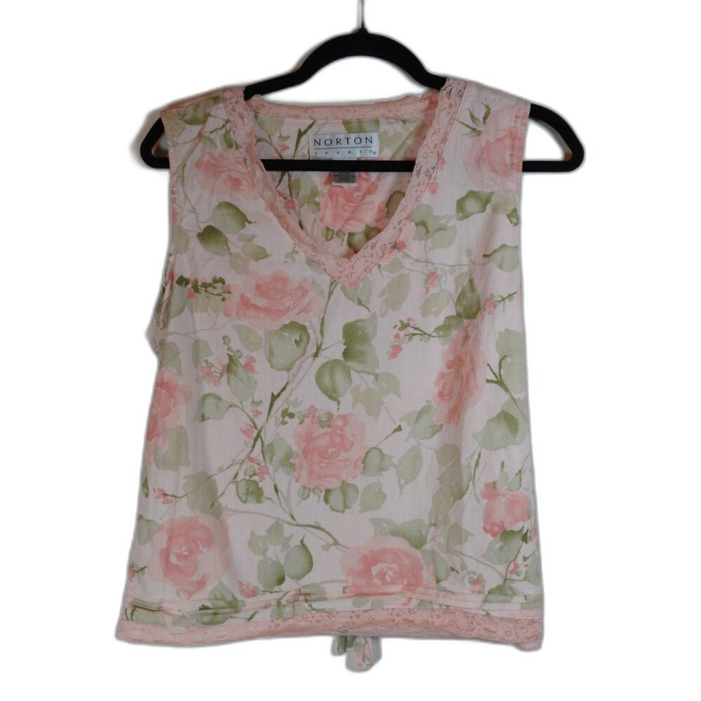 Cottagecore Womens Floral Top Size L Lace Trim Feminine Pink